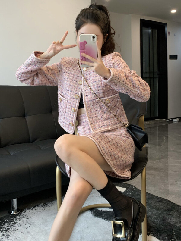 Mali mirisni vintage dvodijelni set od tvida Ženska skraćena vunena kratka jakna Kaput + kompleti mini suknji Ružičasta dvodijelna odijela