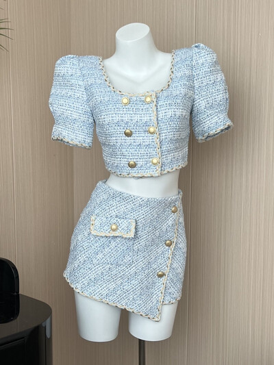 Elegantni šik vintage kompleti od tvida Ženska odjeća Skraćene majice s puf rukavima i dvodijelnim kopčanjem + asimetrična mini suknja Dvodijelni odijela