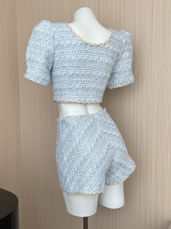 Elegantni šik vintage kompleti od tvida Ženska odjeća Skraćene majice s puf rukavima i dvodijelnim kopčanjem + asimetrična mini suknja Dvodijelni odijela