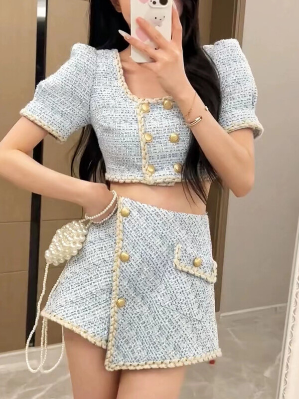 Elegantni šik vintage kompleti od tvida Ženska odjeća Skraćene majice s puf rukavima i dvodijelnim kopčanjem + asimetrična mini suknja Dvodijelni odijela