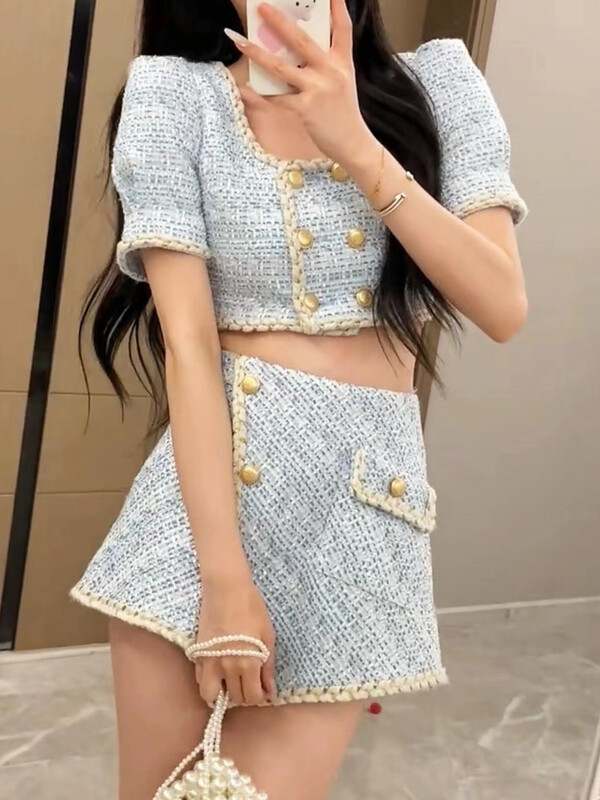 Elegantni šik vintage kompleti od tvida Ženska odjeća Skraćene majice s puf rukavima i dvodijelnim kopčanjem + asimetrična mini suknja Dvodijelni odijela