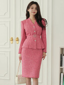 Korejsko modno odijelo od tvida, jesenski sako s jednorednim kopčanjem, kaput s V izrezom + dvodijelni komplet suknje s pencil džepovima visokog struka, ženska odjeća