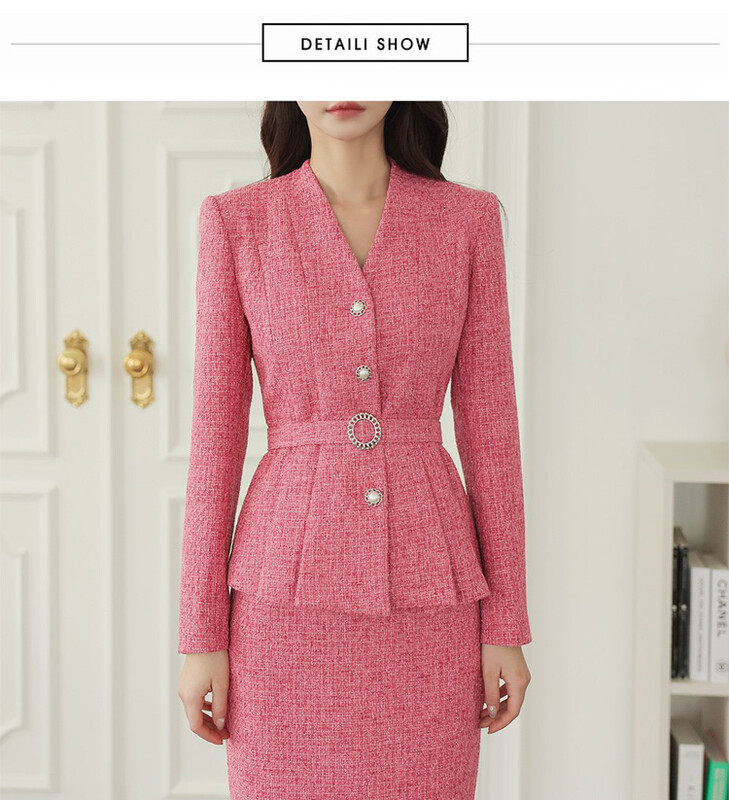 Korejsko modno odijelo od tvida, jesenski sako s jednorednim kopčanjem, kaput s V izrezom + dvodijelni komplet suknje s pencil džepovima visokog struka, ženska odjeća