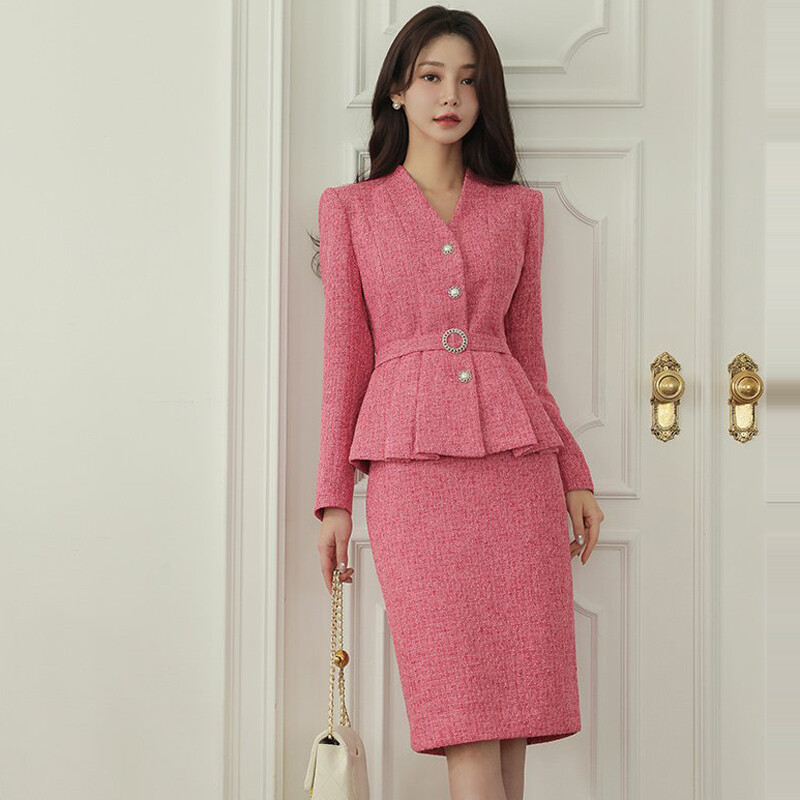 Korejsko modno odijelo od tvida, jesenski sako s jednorednim kopčanjem, kaput s V izrezom + dvodijelni komplet suknje s pencil džepovima visokog struka, ženska odjeća