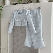 Vintage Tweed 2 τεμαχίων Ανοιξιάτικο Φθινόπωρο Γυναικεία Κομψά Σετ Πόρπη Περλέ Cropped Παλτό + Pencil Φούστα Μικρά αρωματικά κοστούμια