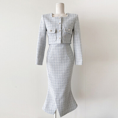 Vintage Tweed 2 τεμαχίων Ανοιξιάτικο Φθινόπωρο Γυναικεία Κομψά Σετ Πόρπη Περλέ Cropped Παλτό + Pencil Φούστα Μικρά αρωματικά κοστούμια