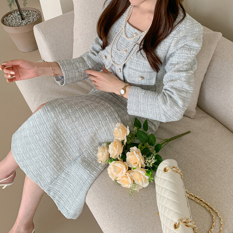 Vintage Tweed 2 τεμαχίων Ανοιξιάτικο Φθινόπωρο Γυναικεία Κομψά Σετ Πόρπη Περλέ Cropped Παλτό + Pencil Φούστα Μικρά αρωματικά κοστούμια