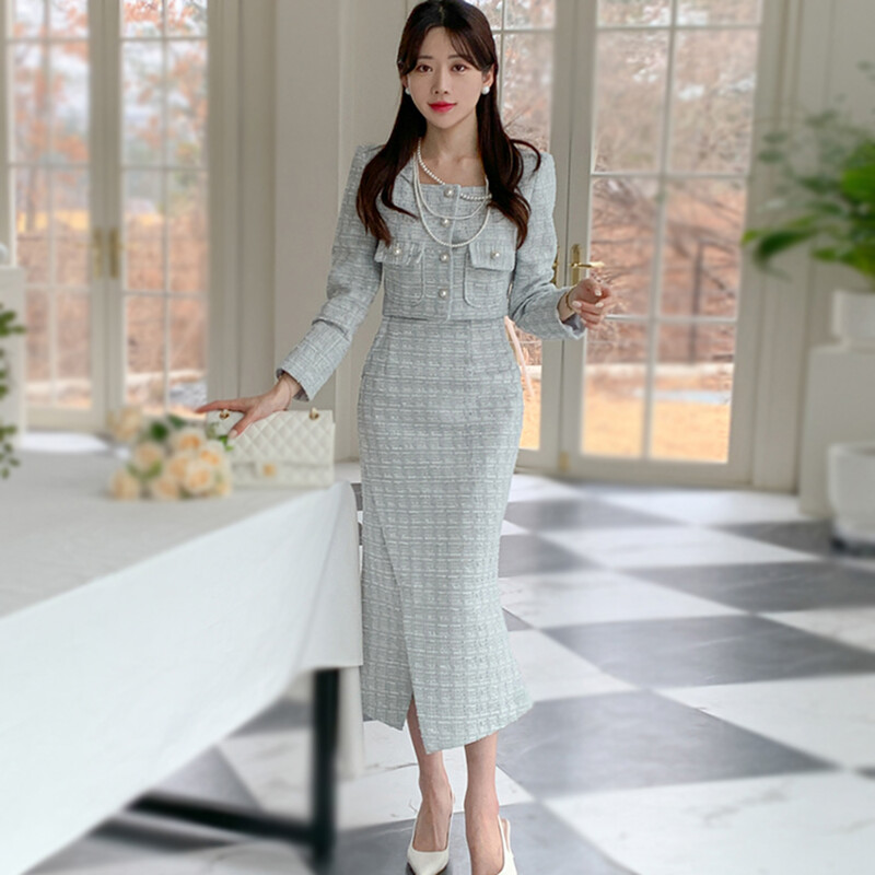 Vintage Tweed 2 τεμαχίων Ανοιξιάτικο Φθινόπωρο Γυναικεία Κομψά Σετ Πόρπη Περλέ Cropped Παλτό + Pencil Φούστα Μικρά αρωματικά κοστούμια