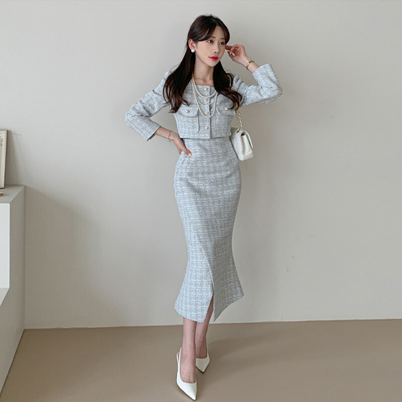 Vintage Tweed 2 τεμαχίων Ανοιξιάτικο Φθινόπωρο Γυναικεία Κομψά Σετ Πόρπη Περλέ Cropped Παλτό + Pencil Φούστα Μικρά αρωματικά κοστούμια