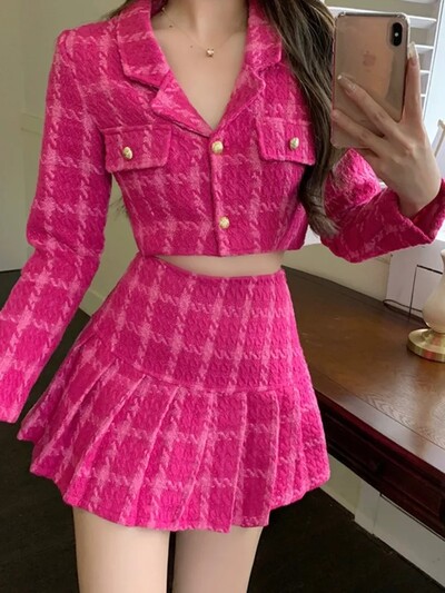 Toamnă Mic Parfum Vintage Tweed Set Două Piese Elegant Coreea Trandafir Roșu Femei Crop Top Lână Jachetă Scurtă Palton + Mini Fuste