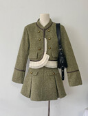 Vintage dvodijelni set od francuskog tvida za žene, stojeći ovratnik s volanima, kratka jakna, kaput + plisirana suknja, dvodijelni kompleti za ženu