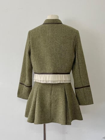 Vintage Γαλλικό Tweed Σετ δύο τεμαχίων για Γυναικείο σταντ γιακά βολάν Κοντό παλτό σακάκι + πλισέ φούστα 2 τεμάχια σετ γυναικεία στολή