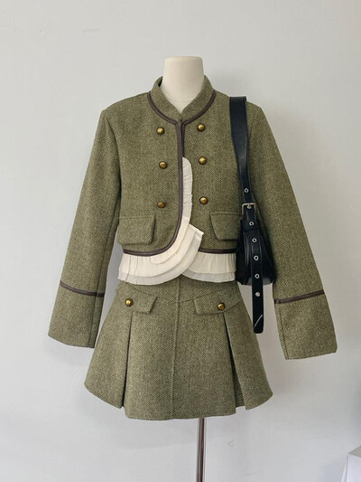 Vintage dvodijelni set od francuskog tvida za žene, stojeći ovratnik s volanima, kratka jakna, kaput + plisirana suknja, dvodijelni kompleti za ženu