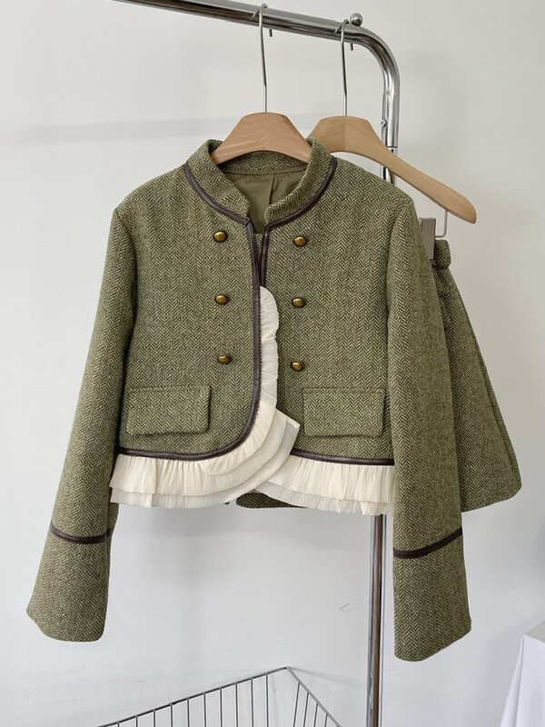 Vintage dvodijelni set od francuskog tvida za žene, stojeći ovratnik s volanima, kratka jakna, kaput + plisirana suknja, dvodijelni kompleti za ženu