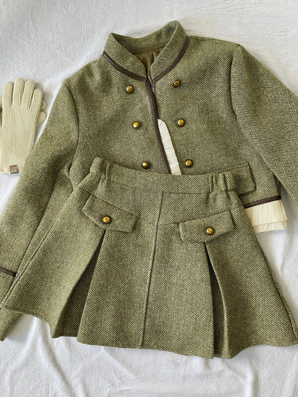 Vintage dvodijelni set od francuskog tvida za žene, stojeći ovratnik s volanima, kratka jakna, kaput + plisirana suknja, dvodijelni kompleti za ženu