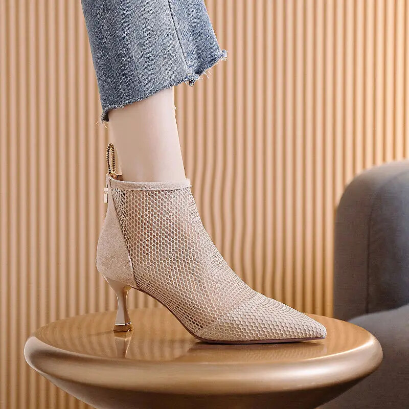 Nove ženske mrežaste sandale iz 2023., čizme, seksi ljetne štikle, izdubljene cipele, cipele do gležnja, patentni zatvarač na leđima, šiljati vrh