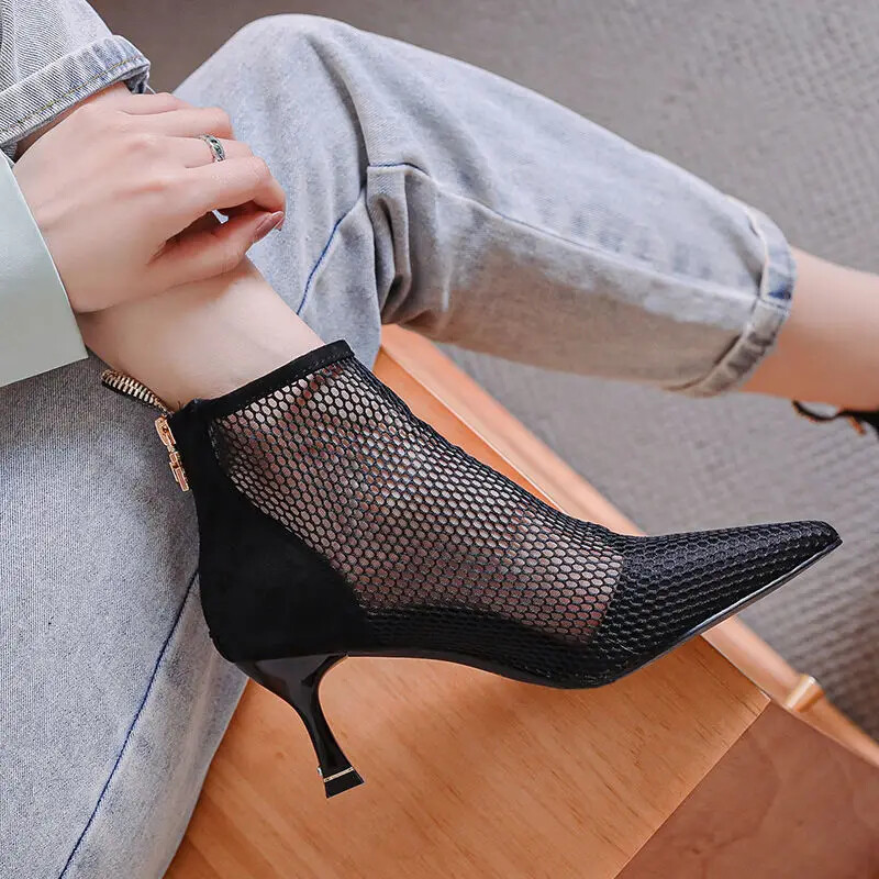 Nove ženske mrežaste sandale iz 2023., čizme, seksi ljetne štikle, izdubljene cipele, cipele do gležnja, patentni zatvarač na leđima, šiljati vrh