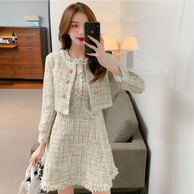 Nova 2-dijelna odjevna kombinacija od tvida Žene, dame, vintage kratki kaput, sako i vanjska odjeća bez rukava, uska mini kratka haljina A-kroja Mujer set