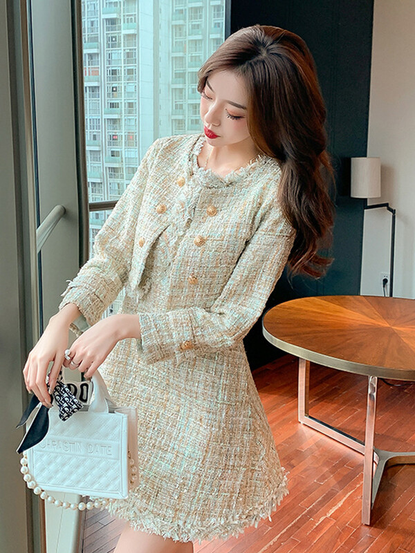 Nova 2-dijelna odjevna kombinacija od tvida Žene, dame, vintage kratki kaput, sako i vanjska odjeća bez rukava, uska mini kratka haljina A-kroja Mujer set