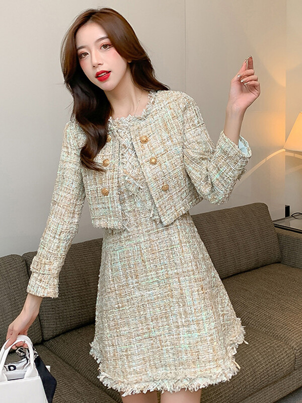 Nova 2-dijelna odjevna kombinacija od tvida Žene, dame, vintage kratki kaput, sako i vanjska odjeća bez rukava, uska mini kratka haljina A-kroja Mujer set
