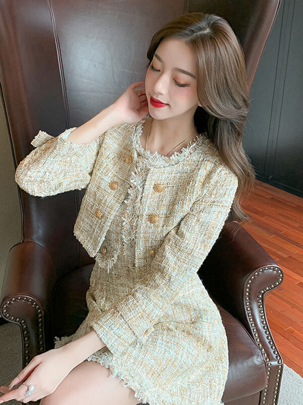 Nova 2-dijelna odjevna kombinacija od tvida Žene, dame, vintage kratki kaput, sako i vanjska odjeća bez rukava, uska mini kratka haljina A-kroja Mujer set