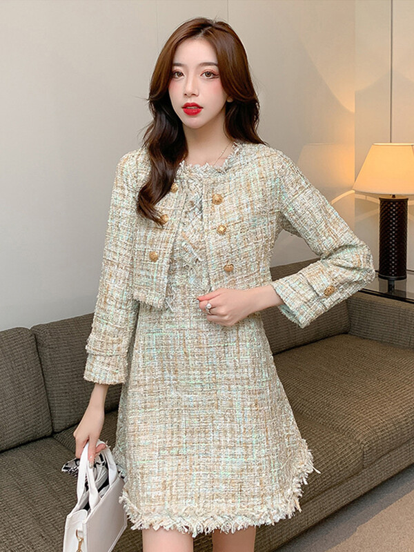 Nova 2-dijelna odjevna kombinacija od tvida Žene, dame, vintage kratki kaput, sako i vanjska odjeća bez rukava, uska mini kratka haljina A-kroja Mujer set