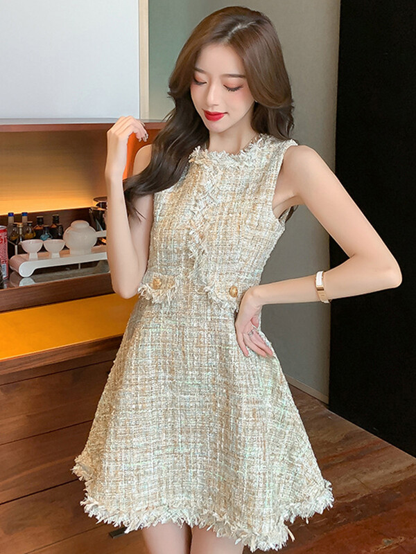 Nova 2-dijelna odjevna kombinacija od tvida Žene, dame, vintage kratki kaput, sako i vanjska odjeća bez rukava, uska mini kratka haljina A-kroja Mujer set