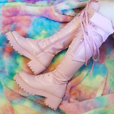 Visoke čizme do koljena Ženske cool goth dizajna s patentnim zatvaračem, džepne cipele s velikom petom na vezanje Visokokvalitetne ženske modne popularne cipele, velika veličina 45