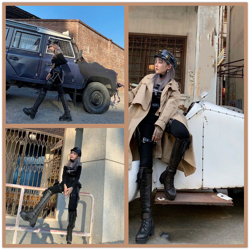 Visoke čizme do koljena Ženske cool goth dizajna s patentnim zatvaračem, džepne cipele s velikom petom na vezanje Visokokvalitetne ženske modne popularne cipele, velika veličina 45