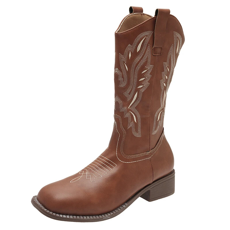 2023. aasta uued talvised naiste saapad Vintage retro tikandid pruunid paksud kontsad saapad ratsusaapad lääne kauboisaapad