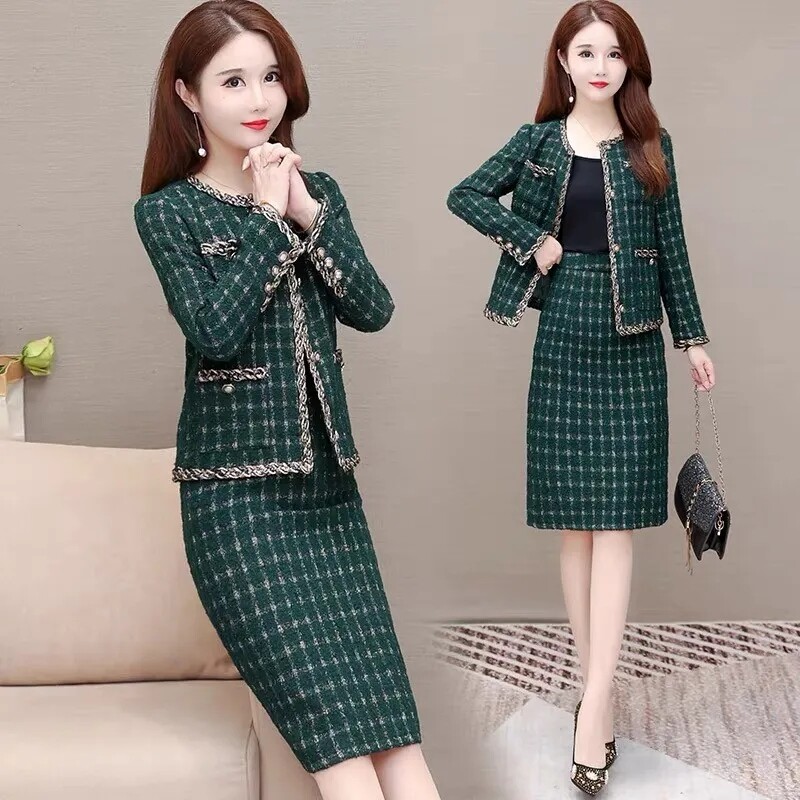 Vintage zelena karirana suknja od tvida u kompletu od 2 komada Ženska elegantna odjeća Uska jakna za proljeće i jesen i odijelo s korejskim ravnim midi suknjama