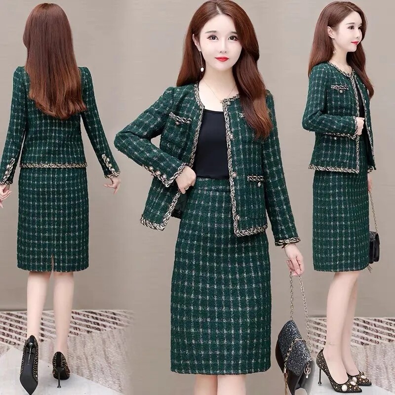 Vintage zelena karirana suknja od tvida u kompletu od 2 komada Ženska elegantna odjeća Uska jakna za proljeće i jesen i odijelo s korejskim ravnim midi suknjama