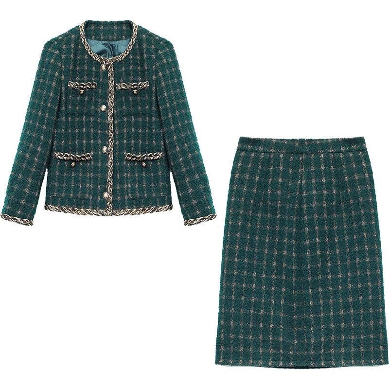 Vintage zelena karirana suknja od tvida u kompletu od 2 komada Ženska elegantna odjeća Uska jakna za proljeće i jesen i odijelo s korejskim ravnim midi suknjama