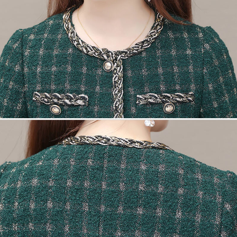 Vintage zelena karirana suknja od tvida u kompletu od 2 komada Ženska elegantna odjeća Uska jakna za proljeće i jesen i odijelo s korejskim ravnim midi suknjama