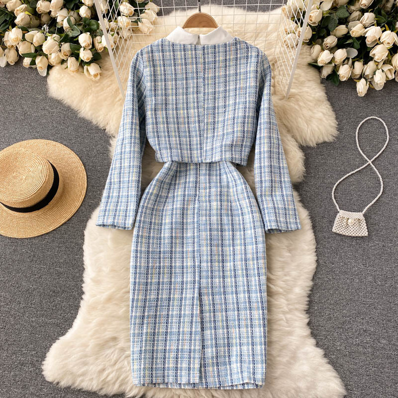 Elegantne OL-i sinise ruuduline tviidkleit, kaheosaline komplekt, naiste Crop Top lühike jakk-mantel + põlvepikkused kleit-ülikonnad