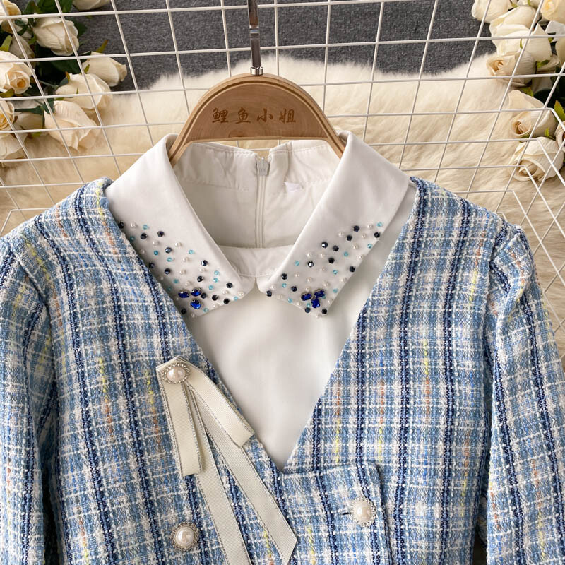 Elegantne OL-i sinise ruuduline tviidkleit, kaheosaline komplekt, naiste Crop Top lühike jakk-mantel + põlvepikkused kleit-ülikonnad