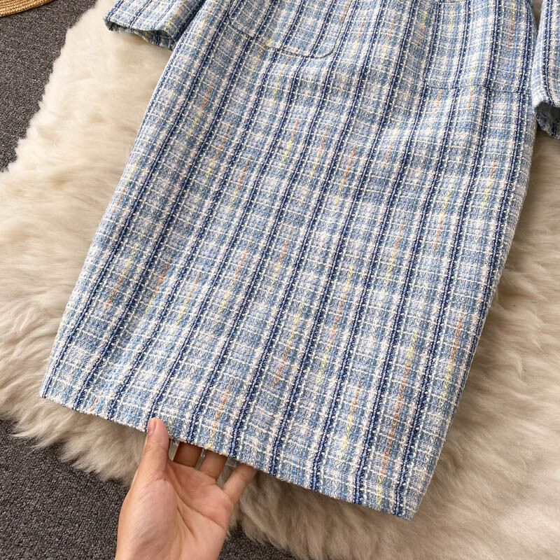 Elegantne OL-i sinise ruuduline tviidkleit, kaheosaline komplekt, naiste Crop Top lühike jakk-mantel + põlvepikkused kleit-ülikonnad