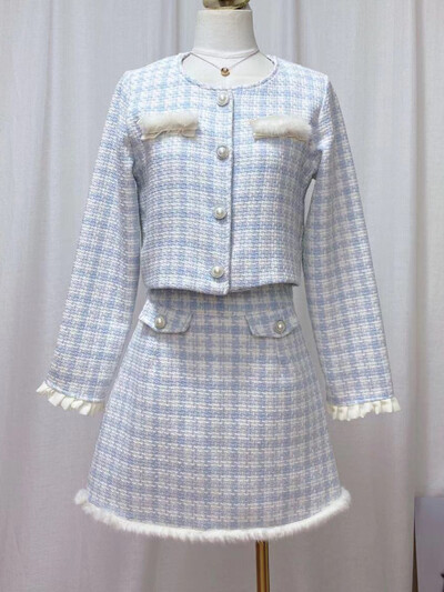 Proljeće 2023. Novi elegantni uredski ženski komplet od kariranog tvida Ženska skraćena jakna Kaput + uska duga/kratka suknja visokog struka 2-dijelno odijelo