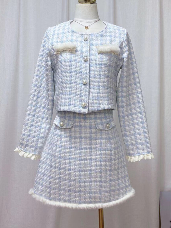 Proljeće 2023. Novi elegantni uredski ženski komplet od kariranog tvida Ženska skraćena jakna Kaput + uska duga/kratka suknja visokog struka 2-dijelno odijelo