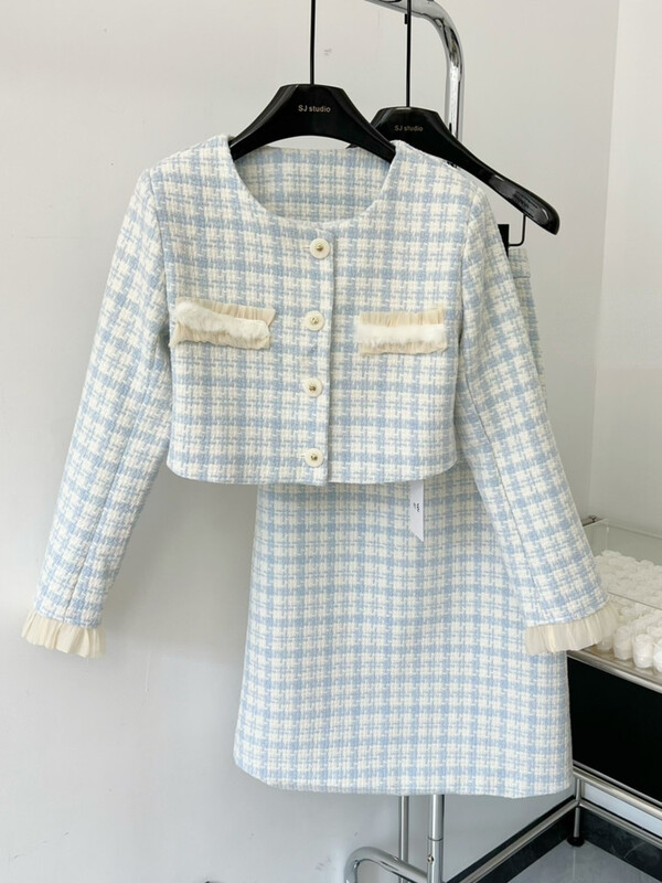 Proljeće 2023. Novi elegantni uredski ženski komplet od kariranog tvida Ženska skraćena jakna Kaput + uska duga/kratka suknja visokog struka 2-dijelno odijelo