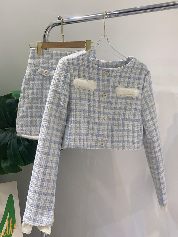 Proljeće 2023. Novi elegantni uredski ženski komplet od kariranog tvida Ženska skraćena jakna Kaput + uska duga/kratka suknja visokog struka 2-dijelno odijelo