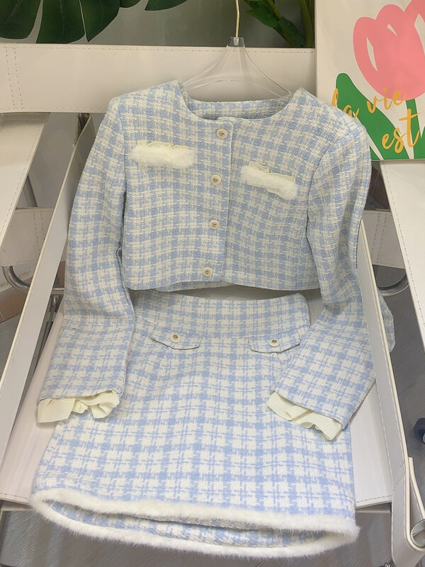 Proljeće 2023. Novi elegantni uredski ženski komplet od kariranog tvida Ženska skraćena jakna Kaput + uska duga/kratka suknja visokog struka 2-dijelno odijelo