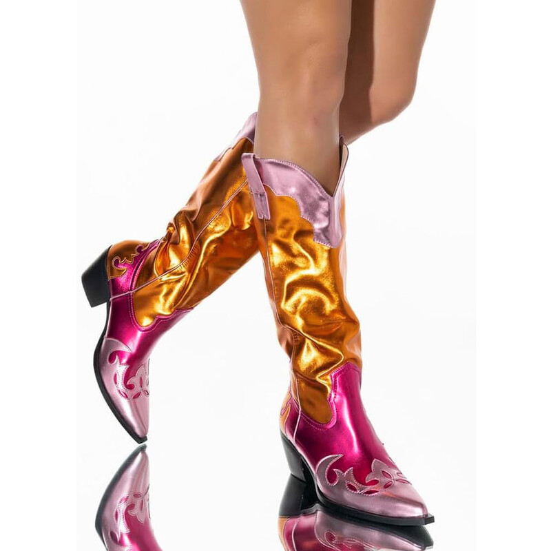 2024. Plus veličina 46 Chic metalik kaubojske čizme za žene Western kaubojke čizme Patchwork blok potpetice Cipele za festival country glazbe