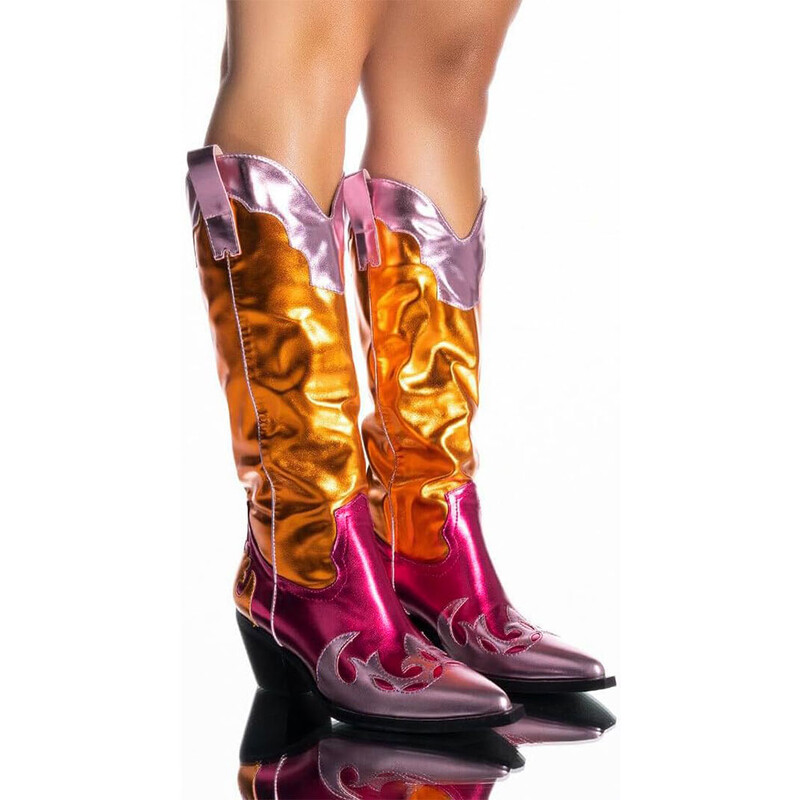 2024. Plus veličina 46 Chic metalik kaubojske čizme za žene Western kaubojke čizme Patchwork blok potpetice Cipele za festival country glazbe