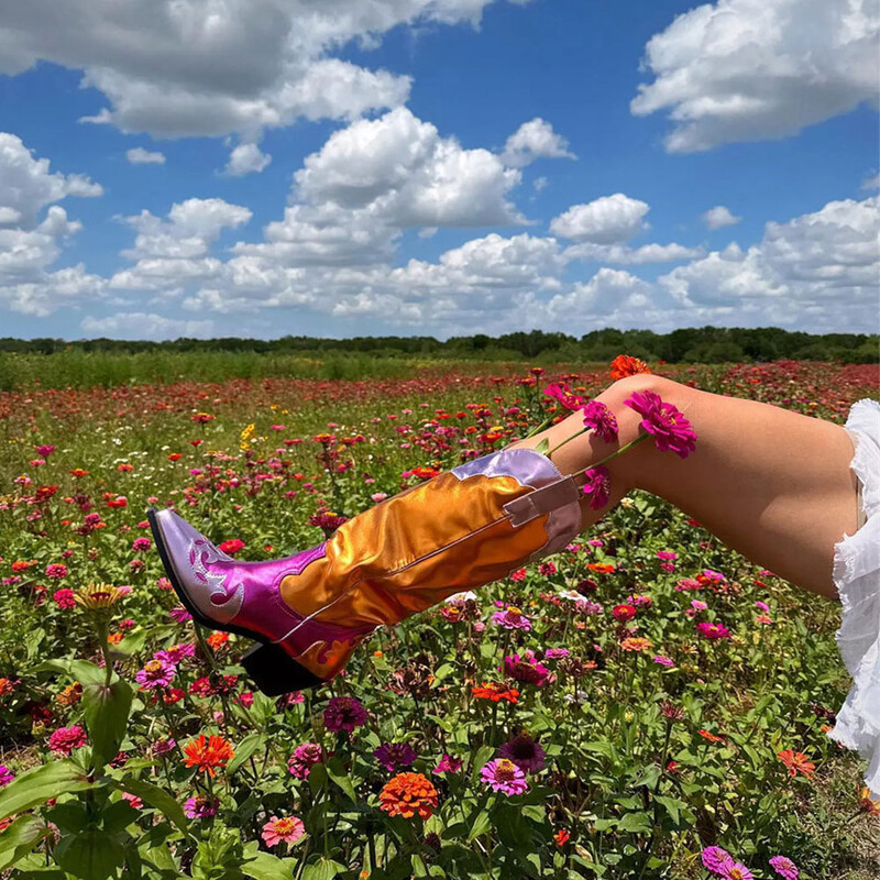 2024. Plus veličina 46 Chic metalik kaubojske čizme za žene Western kaubojke čizme Patchwork blok potpetice Cipele za festival country glazbe