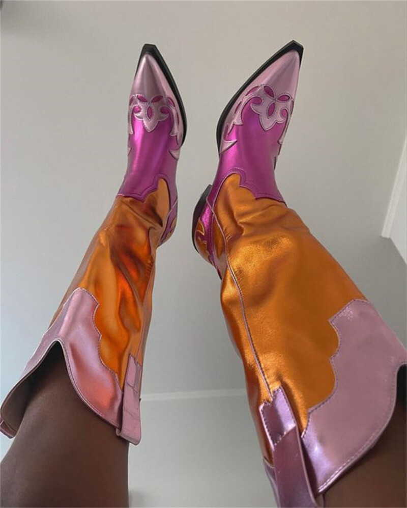 2024. Plus veličina 46 Chic metalik kaubojske čizme za žene Western kaubojke čizme Patchwork blok potpetice Cipele za festival country glazbe