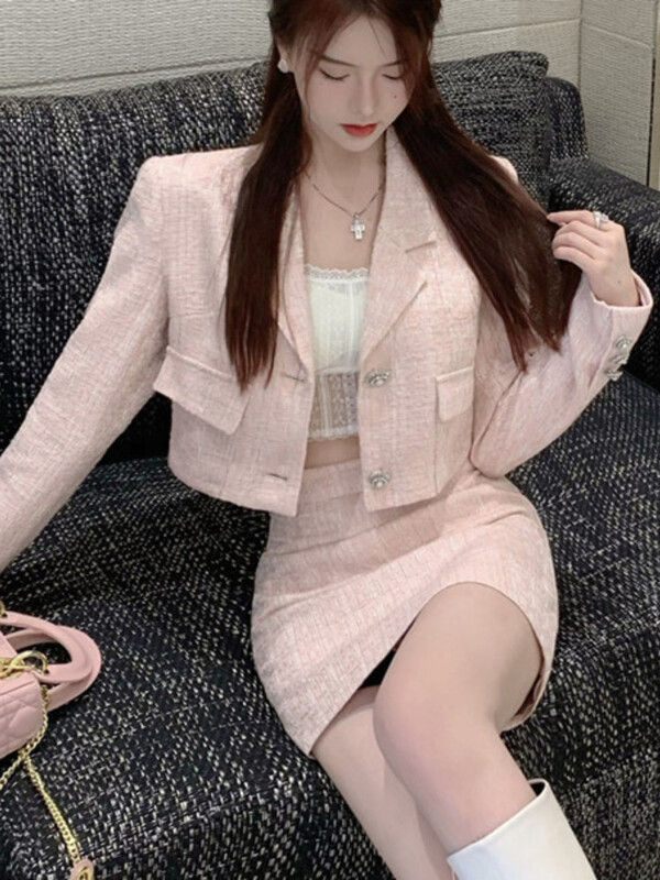 Visokokvalitetni dvodijelni set od tvida Ženska vunena jakna Kaput Skraćeni top i uzdužna mini suknja Odijela Jesen Zima Slatki 2-dijelni kompleti