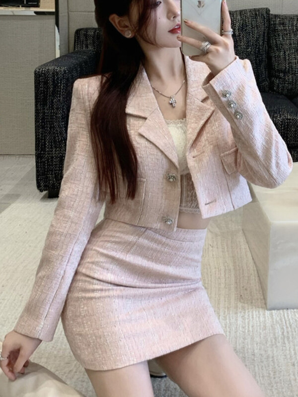 Visokokvalitetni dvodijelni set od tvida Ženska vunena jakna Kaput Skraćeni top i uzdužna mini suknja Odijela Jesen Zima Slatki 2-dijelni kompleti