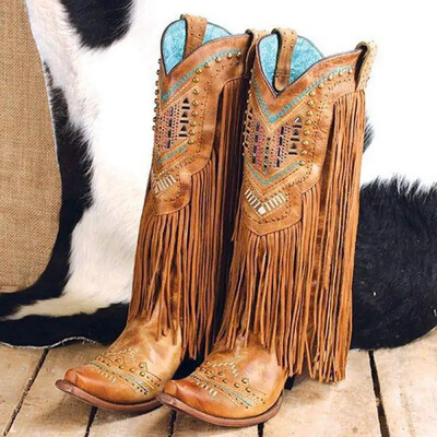 Cizme etnice pentru femei PU Toc pătrat Varf pătrat Slip-On stil britanic stil coreean retro cu nit cu ciucuri Pantofi de damă Nou 46