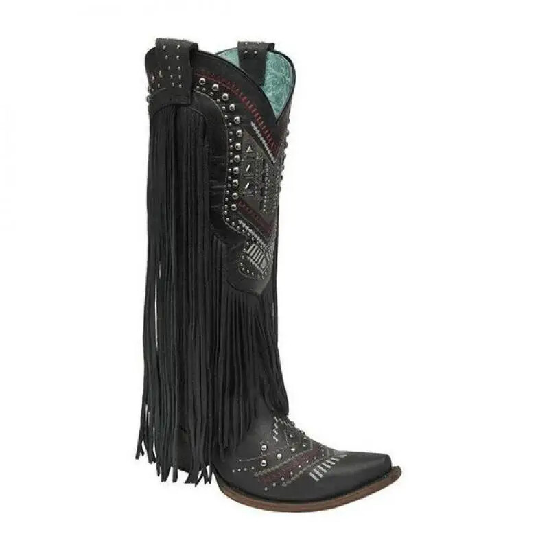 Ženske etničke čizme PU četvrtasta peta Slip-on s četvrtastim prstima Britanski stil Korejski stil Retro Ženske cipele s resicama i zakovicama do sredine lista Novo 46